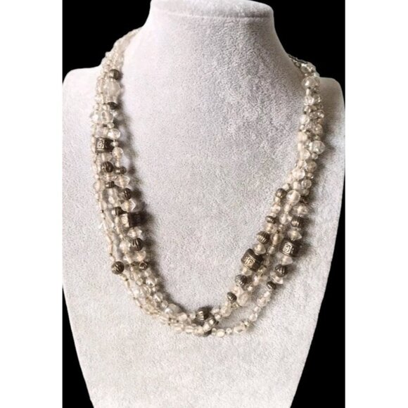 Carol Graham Glass Metal Beaded Necklace Vintage Triple Strand Clear NEW - Picture 1 of 5